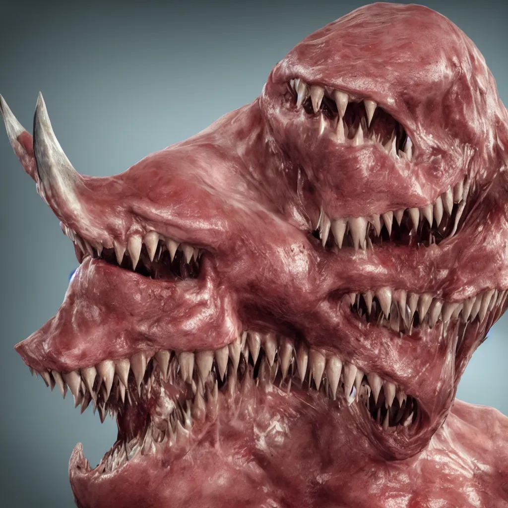 Image similar to A human with shark head made of muscles and flesh, very angry, teeth, ambient light, terror, glows, realistic, photo-realism, hyper realism, picture, detailed, 3D render, scary, distant shot, in the distance,