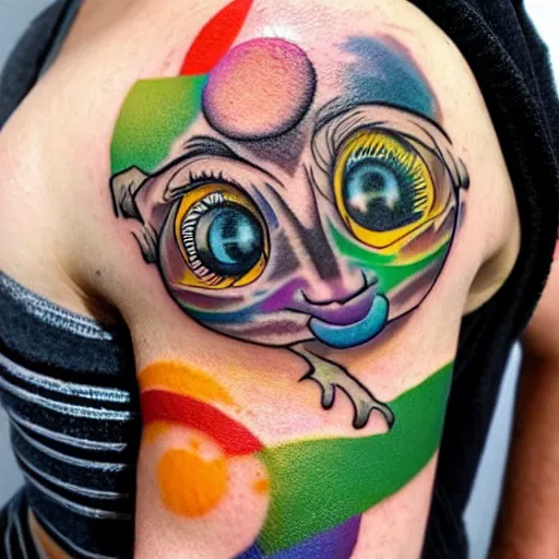 Image similar to shoulder tattoo of a multicolored psychedelic cute bush baby, eyes are colorful spirals, surrounded with colorful magic mushrooms and rainbowcolored marihuana leaves, insanely integrate