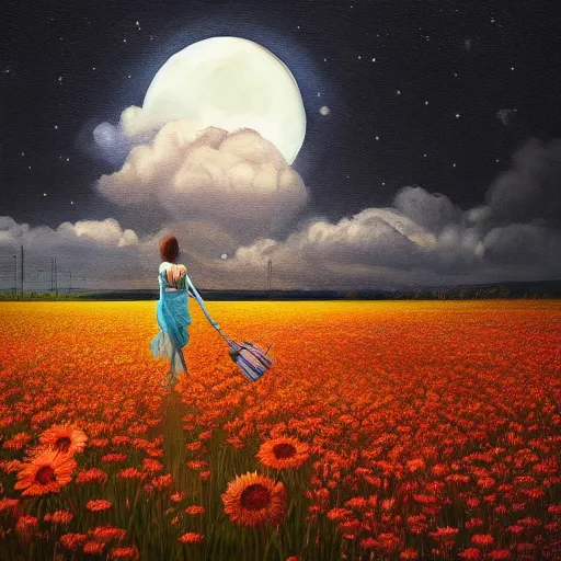 Prompt: giant daisy flower as a head, girl walking in flower field, surreal photography, moon light, dark night, dramatic, impressionist painting, clouds, digital painting, artstation, simon stalenhag