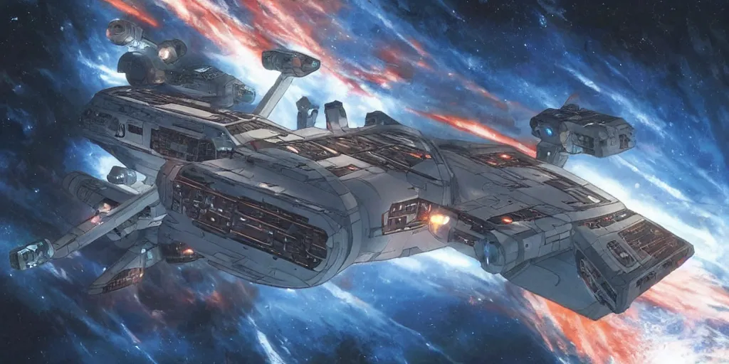 Prompt: an Akira-class Starship named the USS Arapaho fighting a borg cube and winning