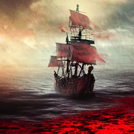 Prompt: A pirate ship sailing through a sea of blood, detailed, cloudy, foggy, lights, realistic,