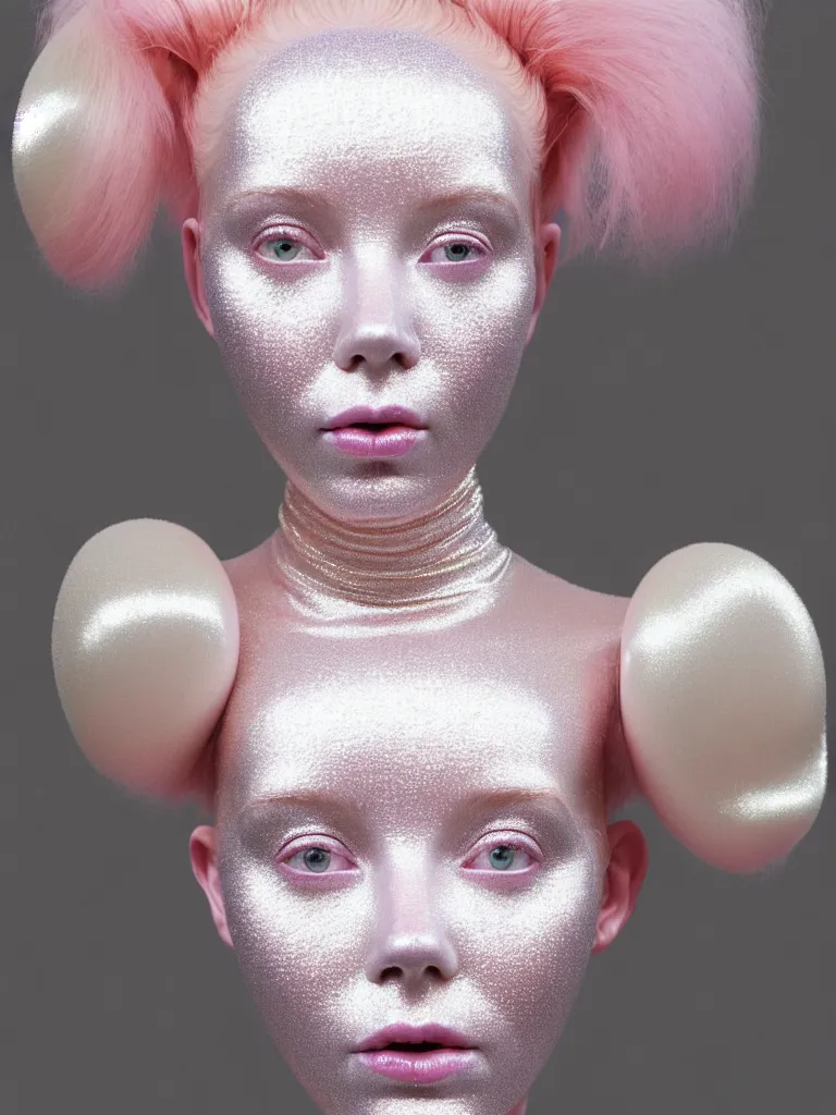 Image similar to portrait of a ethereal goddess wearing a big pearl studded iridescent beauty mask and pink hair buns, wearing a black bodysuit by alexander mcqueen, cream white background, soft diffused light, biotechnology, humanoid robot, perfectly symmetric, bjork aesthetic, translucent, by rineke dijkstra, intricate details, highly detailed, masterpiece,