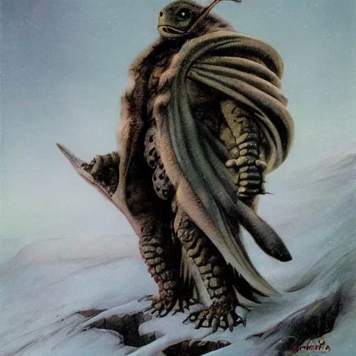 Image similar to anthropomorphic turtle humanoid, carapace, frank frazetta, blizzard, winter, night, furs, fantasy