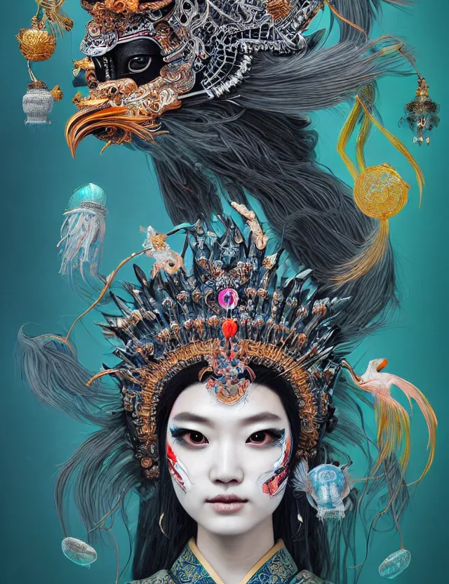 Image similar to goddess portrait with mask and crown made of ram skull. beautiful intricately detailed japanese crow kitsune mask and clasical japanese kimono. betta fish, jellyfish phoenix, bioluminescent, plasma, ice, water, wind, creature, super intricate ornaments artwork by tooth wu and wlop and beeple and greg rutkowski