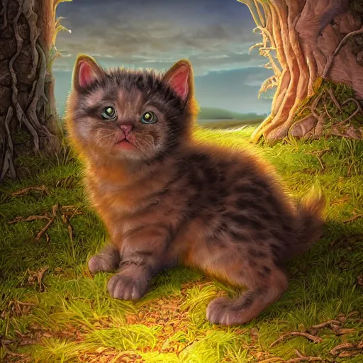 Image similar to rescue from the underworld, by tyler roswell, shadows of the past, chubby moss kitten, highly detailed, digital painting, HDRI, by jeff easley, vivid colors, high contrast, 8k resolution, intricate, photorealistic, smooth
