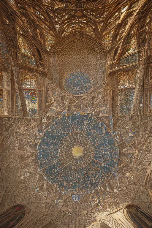 Prompt: interior of the towering mosque, intricate ceilings with sacred geometry and complex mosaics, 100 foot tall columns with organic DNA shape, ancient temple, stained glass, light rays, detailed architectural diagram, Moebius style, volumetric lighting, hyperrealistic, 8K octane vray render, trending on artstation