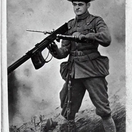 Prompt: old wartime photograph of spiderman holding a lewis gun, 1 9 1 7