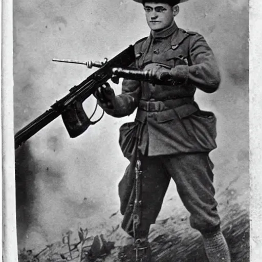 Image similar to old wartime photograph of spiderman holding a lewis gun, 1 9 1 7