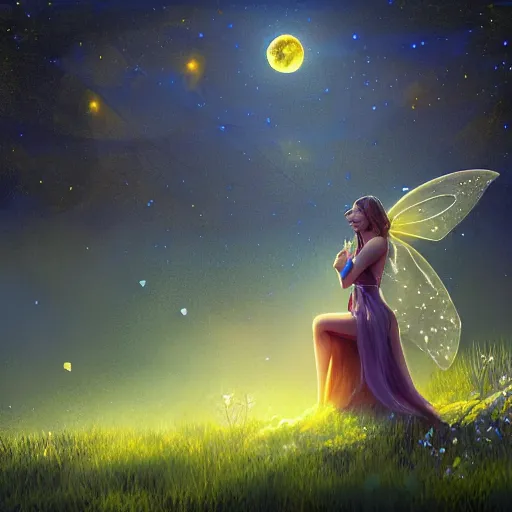 Prompt: attractive, fairy, woman, in the night, fantasy, crescent moon in background, luminous, toadstools, fireflies, fantasy, mist, highly detailed painting, fine lines, light rays, mid shot, 8 k realistic, sharp focus