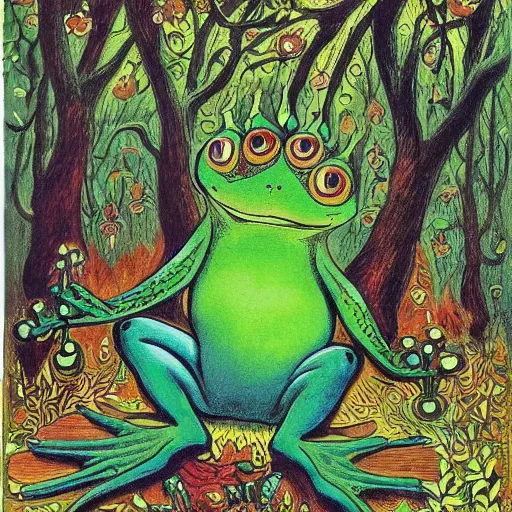 Image similar to a green frog-like genie ready to grant wishes deep in the forest, fantasy illustration, Louis wain