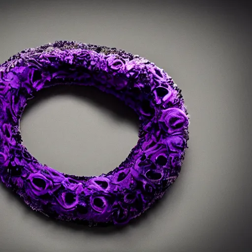 Prompt: Deep imprint flower core, our ouroborous devours it's tail by Rick Baker, black, neon purple, Hyperreal, Photographed in the Style of Annie Leibovitz, Studio Lighting