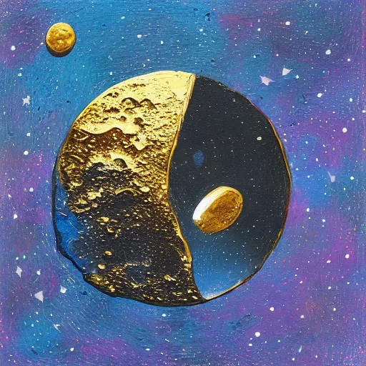 Prompt: a painting of a giant coin landing like a rocket on the surface of the moon