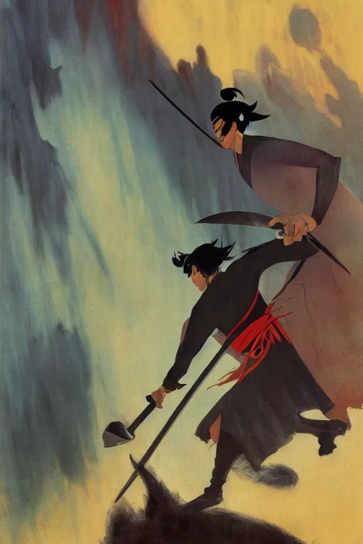 Prompt: Movie poster of Samurai Jack , Highly Detailed, Dramatic, A master piece of storytelling, by frank frazetta, ilya repin, 8k, hd, high resolution print
