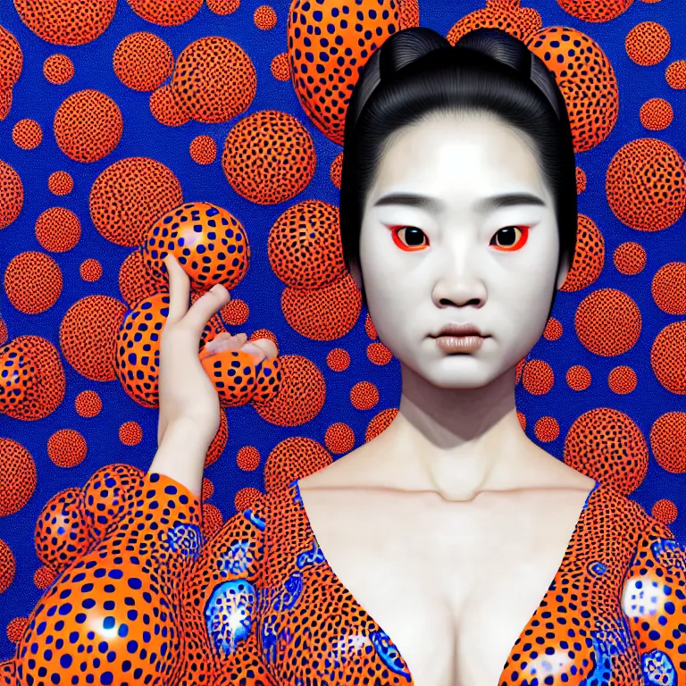 Image similar to hyperrealistic detailed image of a geisha in a art installation room, hd smooth interior by yayoi kusama, part by kei mieno, part by ross tran, dark art by james jean, ultra realistic, highly detailed, life like face, detailed body, 8 k, 3 d render by roger magrini, very cohesive, masterpiece