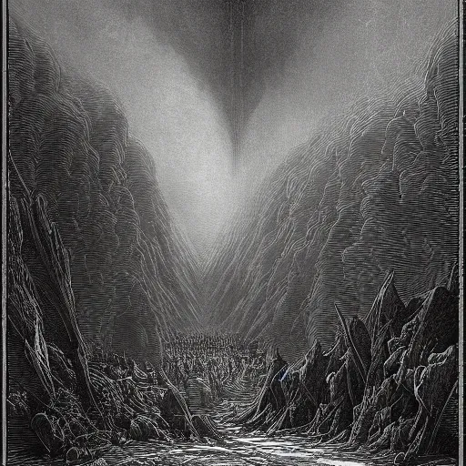 Image similar to a bleak dystopian world, divided down the middle by gustave dore, vivid synthwave colours