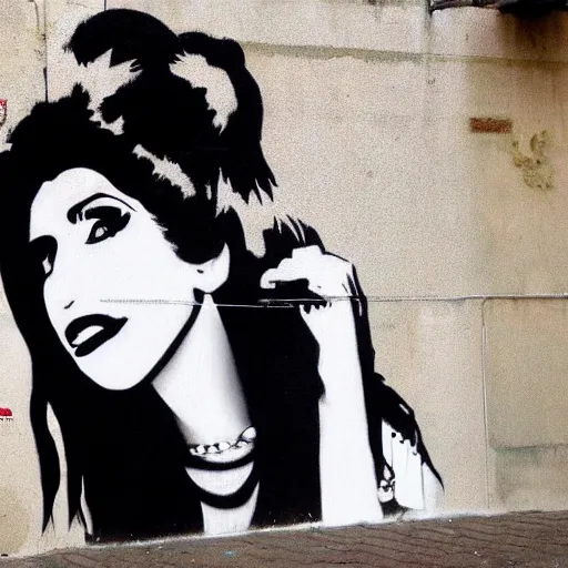 Image similar to Street-art portrait of amy winehouse in style of Banksy, photorealism