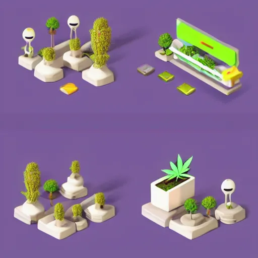 Prompt: isometric cute cartoon of minimalist seed shop cafe decorated a few cannabis leaf pots. by benoit mandelbrot, render pixar palette, low poly digital art artstation artgerm