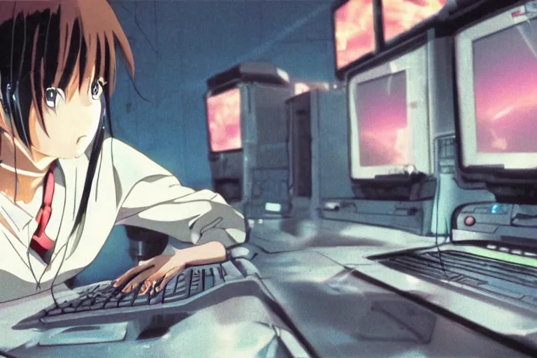 Image similar to anime alien using a computer to check her email submerged in translucent goo, over the shoulder perspective, in 1 9 8 5, y 2 k cybercore, industrial low - light photography, still from a kiyoshi kurosawa movie