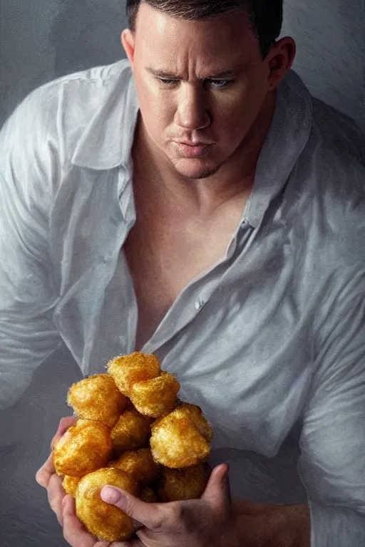 Image similar to channing tatum in a tater tot costume, oil on canvas, intricate, portrait, 8 k highly professionally detailed, hdr, cgsociety