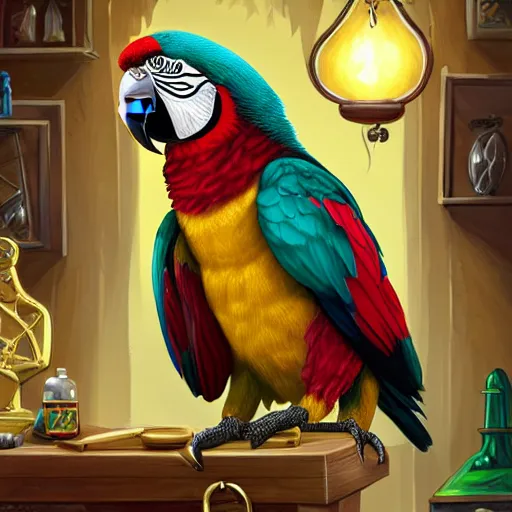 Prompt: Anthropomorphized parrot trader in his shop, selling his wares, portrait, items, gold, magic potions, carpet, window, sly expression , cunning expression, cute expression, long thick shiny black beak, presenting wares, holding a gold bag, D&D, fantasy, cinematic lighting, highly detailed, digital painting, artstation, concept art, smooth, sharp focus, illustration, warm light, cozy warm tint, magic the gathering artwork, volumetric lighting, 8k, art by Akihiko Yoshida, Greg Rutkowski