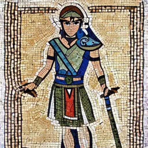 Image similar to ancient greek mosaic of link from zelda with raised sword