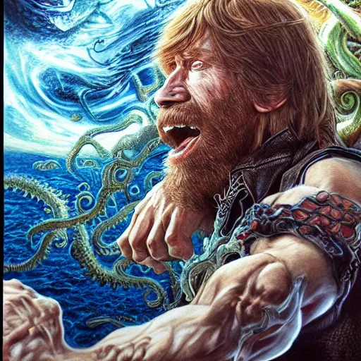 Image similar to uhd photorealistic detailed image of chuck norris fighting lovecraftian cthulhu by ayami kojima amano, karol bak, correct face