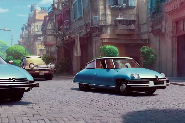 Image similar to a wholesome animation key shot of!! one!! focused! 1 9 7 4 citroen ds! in the street, medium shot, studio ghibli, pixar and disney animation, sharp, very detailed, high resolution, rendered in unreal engine 5, anime key art by greg rutkowski, bloom, dramatic lighting