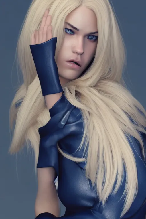 Image similar to beautiful blonde model, 2 arms, tight navy-blue leather outfit, full body and face and head, photorealistic, extreme detail, octane render, artstation, unreal engine