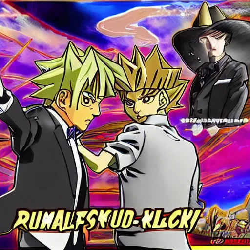 Prompt: Saul Goodman duels Yugi Moto, Yu-Gi-Oh, anime, highly detailed