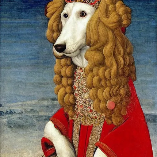 Image similar to portrait of a white labrododdle dog in an italian queen costume, painting by botticelli, 1 4 8 0 s