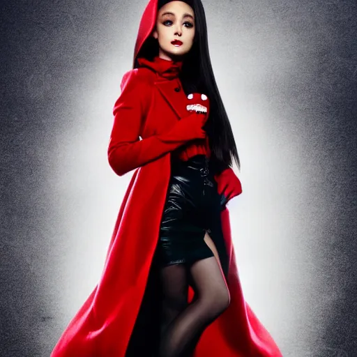 Prompt: ariana grande as an vampire with a red coat and pointy ears 4 k