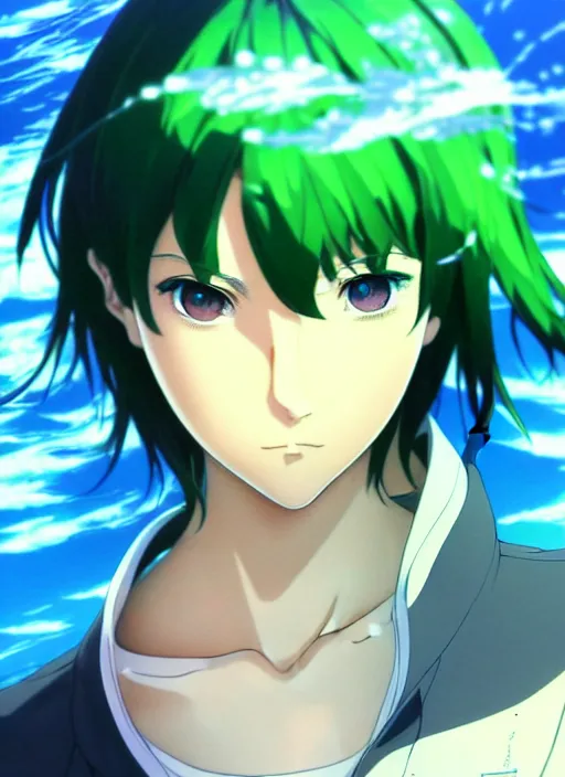 Image similar to makoto shinkai, artgerm, ilya kuvshinov, beautiful anime women with green dress, long blue hair, water powers water swirling, symmetrical face, symmetrical eyes, detailed, beach setting, cinematic lighting