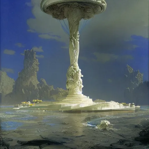 Prompt: gardens of marble draped in flowing sheets of cobalt blue satin and silver satin, by ivan aivazovsky and syd mead and moebius and john berkey and roger dean and pieter claesz and paul delaroche and alma tadema and august malmstrom and willem claesz heda and aelbert cuyp, hyperrealistic, volumetric light, octane render