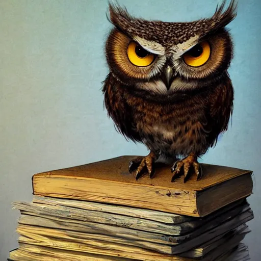 Image similar to long shot of a very cute young owl sitting on a pile of antique books, by esao andrews, by james jean, marc simonetti, humorous illustration, hyperrealistic, big depth of field, fresh colors, dim light, 3 d octane render conceptart, 4 k, hyperdetailed, trending on artstation