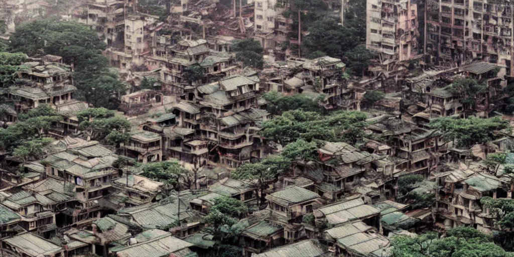 Image similar to studio ghibli film still of a forest city, kowloon walled city, ruined buildings, animals