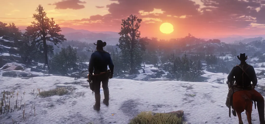 Image similar to Arthur Morgan from Red Dead Redemption 2 sitting at the top of a mountain looking at a beautiful sunrise in the distance