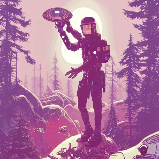 Prompt: Stunning 8k illustration of cyberpunk explorer holding his small circular robot friend in his hand, forest in background, highly detailed, by Victo Ngai and James Gilleard , Moebius, Laurie Greasley