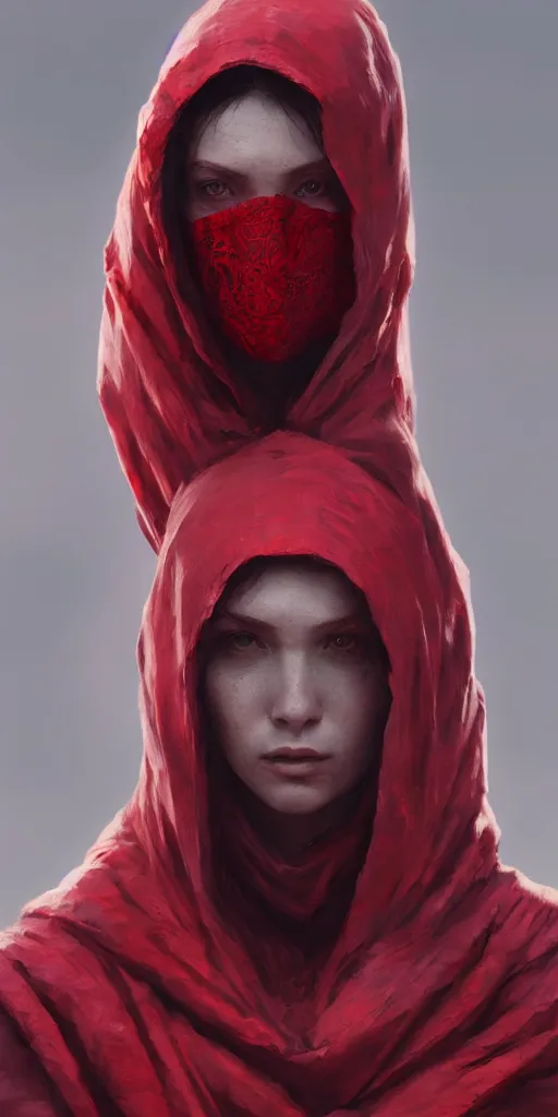 Image similar to woman with cloth covering her whole face, highly detailed, modern, digital art, red color, unreal engine, photorealism, cinematic lighting, 8k photorealistic, dramatic, trending on artstation, by Greg Rutkowski