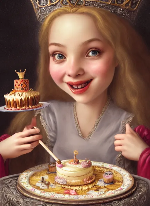 Image similar to highly detailed closeup portrait of a grinning fairytale medieval princess eating birthday cake, unreal engine, nicoletta ceccoli, mark ryden, lostfish, earl norem, global illumination, god rays, detailed and intricate environment