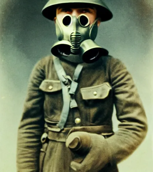 Image similar to person wearing gp5 gas mask, ww1 technicolor film photo, grainy, high detail, high resolution