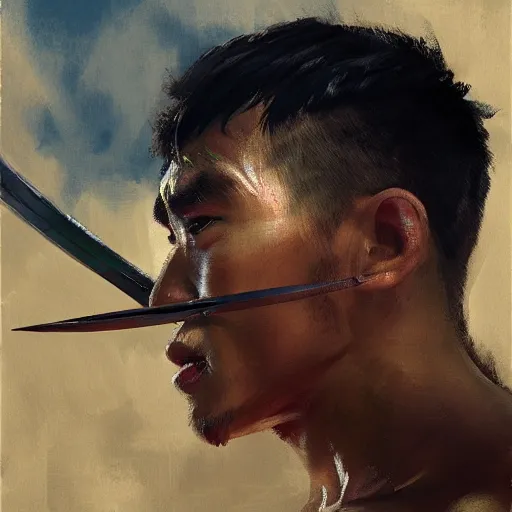 Image similar to greg manchess portrait of a filipino mma fighter looking shocked as he drops his sword, profile picture, organic painting, sunny day, matte painting, bold shapes, hard edges, street art, trending on artstation, by huang guangjian, gil elvgren, ruan jia, randy vargas, greg rutkowski