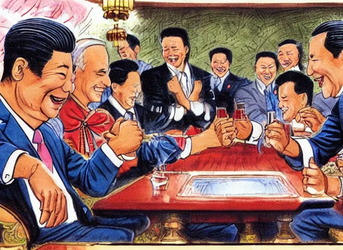 Image similar to joe biden arm wrestling xi jinping in a bar in china illustration by mike ploog