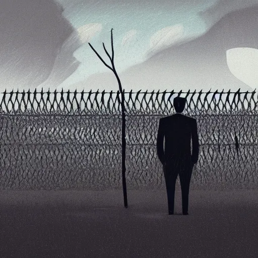 Image similar to a dystopian matte painting of a scared man standing in front of a fence with barbed wire by emiliano ponzi, james gilleard, george ault, david hockney, atey ghailan, albert namatjira, marius borgeaud, minimalist, bauhaus, retrofuturism, concept art, matte background, matte drawing, generative art