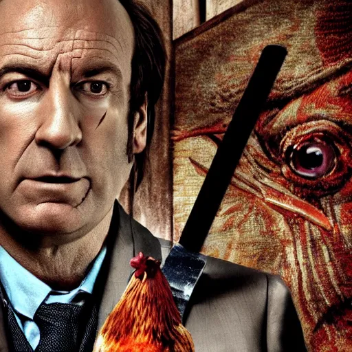 Image similar to saul goodman and a rooster in a saw movie torture chamber, saw movie jigsaw background, saul goodman, rooster, photo