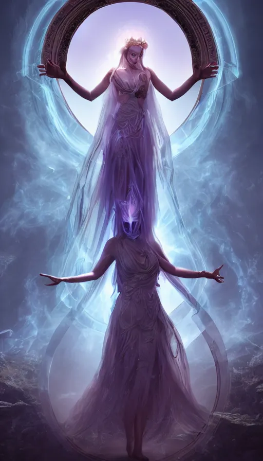 Prompt: goddess of illusion, beautiful, stunning, breathtaking, mirrors, glass, magic circle, magic doorway, fantasy, mist, bioluminescence, hyper - realistic, unreal engine, by d & d concept artists