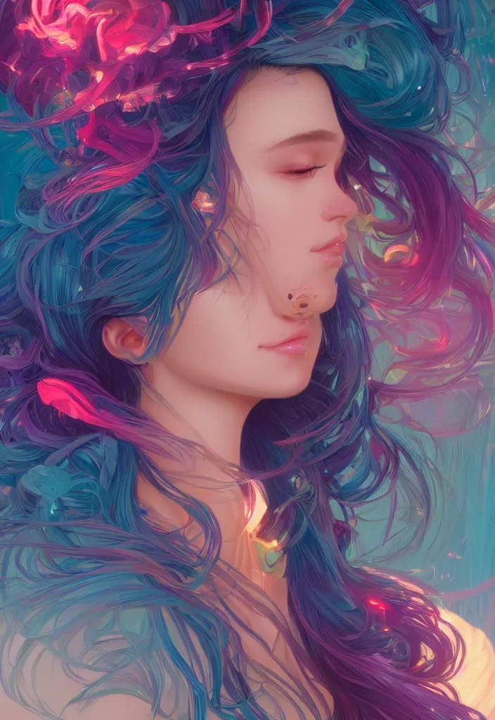 Image similar to beautiful, young woman, detailed gorgeous face, vaporwave aesthetic, synthwave, colorful, psychedelic, artstation, concept art, smooth, extremely sharp detail, finely tuned detail, ultra high definition, 8 k, unreal engine 5, ultra sharp focus, illustration, art by artgerm, greg rutkowski and alphonse mucha