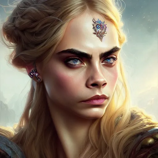 Prompt: Cara Delevingne, closeup, D&D, fantasy, intricate, elegant, highly detailed, digital painting, artstation, concept art, matte, sharp focus, illustration, hearthstone, art by Artgerm and Greg Rutkowski and Alphonse Mucha