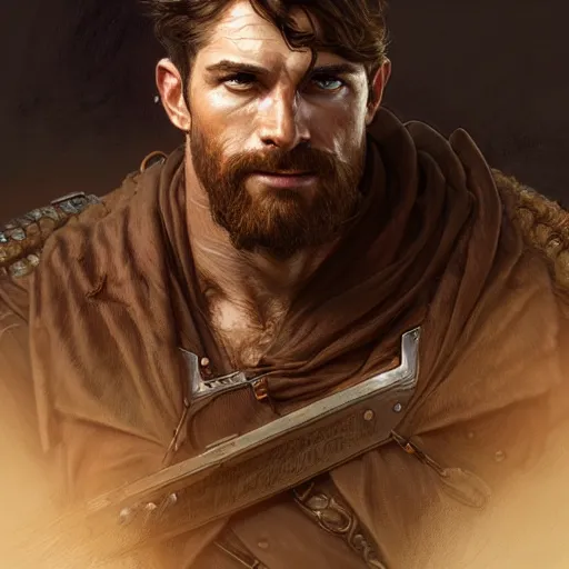 Image similar to portrait of a rugged ranger, muscular, upper body,, d & d, fantasy, intricate, elegant, highly detailed, digital painting, artstation, concept art, smooth, sharp focus, illustration, art by artgerm and greg rutkowski and alphonse mucha