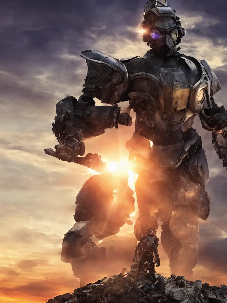 Image similar to emily blunt in futuristic power armor, close up portrait, solitary figure standing atop a pile of rubble, holding a sword on her shoulder, sunset and big clouds behind her