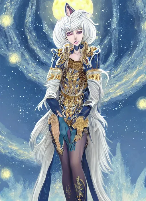 Image similar to commissioned full body portrait of a female anthro werewolf fursona with white hair wearing a white and gold chinese armored dress in a white and gold palace on a starry night with a large rescent moon, by a professional manga illustrator, Stanley Artgerm Lau, WLOP, Rossdraws, James Jean, Andrei Riabovitchev, Marc Simonetti, and Sakimichan, trending on artstation